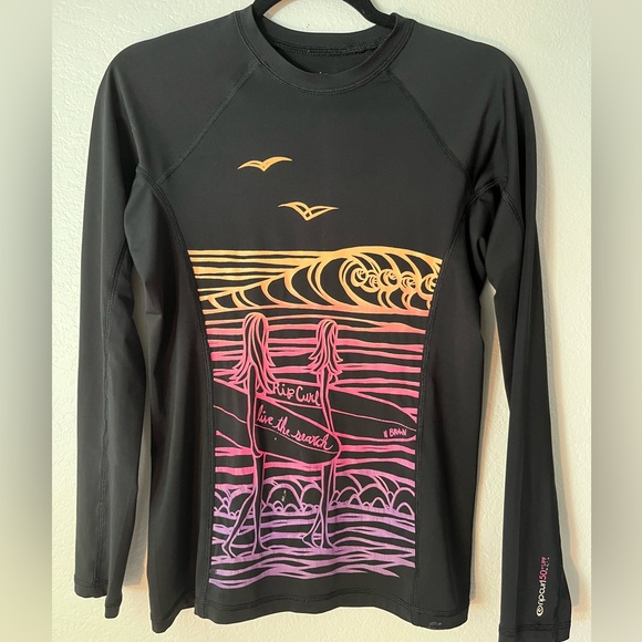 Rip Curl Tops - Rip Curl Top Long Sleeve Rashguard  SPF50 Black Pink Wave Surf SUP XL